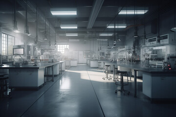 Naklejka na ściany i meble Chemical laboratory interior. 3d rendering toned image double exposure generative ai