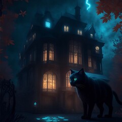 A black cat crossing the path of a curious mansion during Halloween, Generative AI