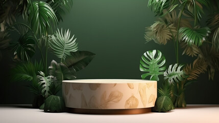 Background, Round cylinder podium for products or cosmetics against background with leaves shadows