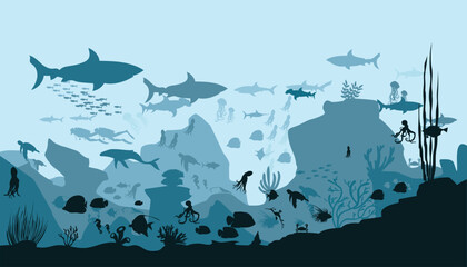 silhouette of coral reef with fish on blue sea background underwater vector illustration	
