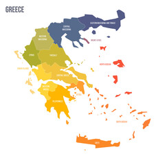 Greece political map of administrative divisions - decentralized administrations and autonomous monastic state of Mount Athos. Colorful spectrum political map with labels and country name.
