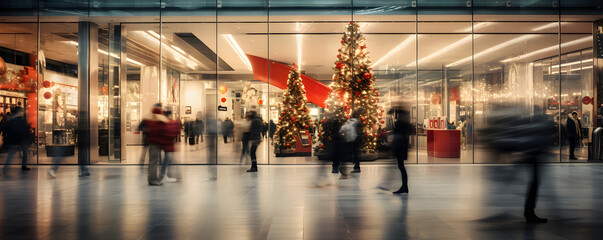 centre commercial, période de Noël, passants flous, pose longue - obrazy, fototapety, plakaty