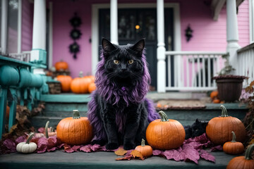 Black Helloween cat with slightly colored fur sits on a terrace in front of a Helloween decorated house
