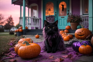 Black Helloween cat with slightly colored fur sits on a terrace in front of a Helloween decorated house