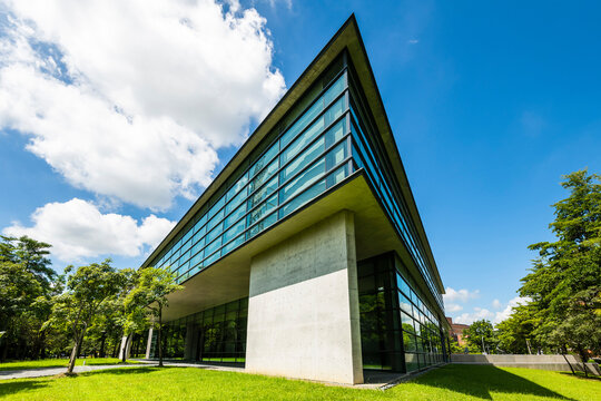 Taichung, Taiwan- August 22, 2023: Building view of The Asia Museum of Modern Art in Taichung, Taiwan. The museum was designed by architect Tadao Ando with a triangular shape of structure.