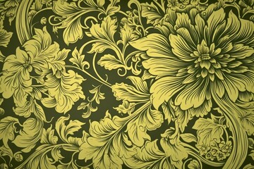 A vibrant floral wallpaper in green and yellow hues