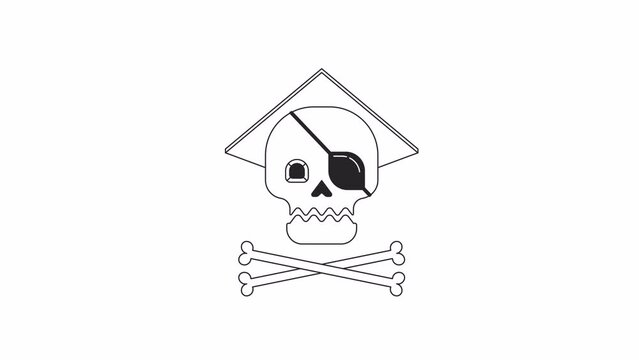 Laughing pirate skull and crossbones bw outline 2D object animation. Internet piracy monochrome linear cartoon 4K video. Spooky skeleton face with eye patch animated item isolated on white background