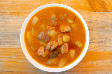 A plate with the traditional bograc goulash, a culinary speciality of Slovenian region Prekmurje and Hungary
