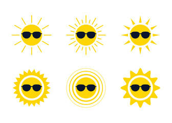 Yellow sun in sunglasses uv protection icon, sunblock, eye protection from sunshine and solar burn. Circle full sun and sunlight. Hot solar energy weather. Vector
