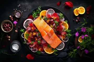 Fotobehang Top view of Nordic platter with steamed salmon salad on apple slices and red beet relish. Generative AI © Valencia