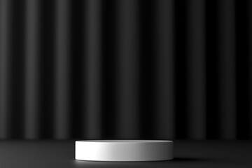 Blank product podium standing on dark backdrop. Empty stage or pedestal display on black background with cylinder stand. Circular podium on gray studio background. copy space. 3d rendering