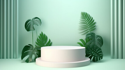 Background, Round cylinder podium for products or cosmetics against background with leaves shadows