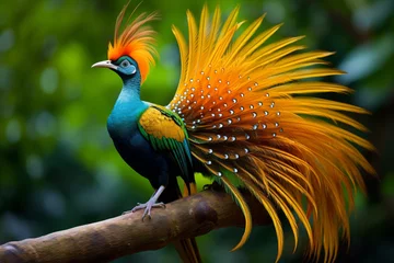 Zelfklevend Fotobehang a colorful bird with a long tail sitting on a branch © illustrativeinfinity