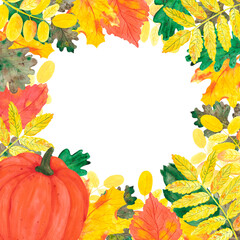 Hand drawn watercolor autumn leaves pumpkin frame boarder on white background. Can be used for invitation, Scrapbook, poster, label, banner.