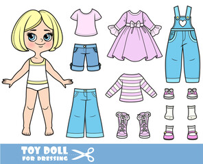 Cartoon blond girl with short bob and clothes separately -   pink long sleeve, denim overalls, sandals, dress, jeans and sneakers