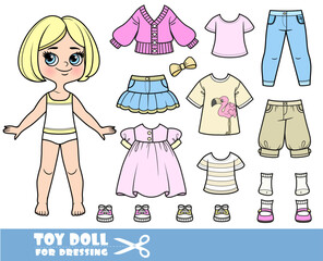 Cartoon blond girl with short bob and clothes separately -   pink long sleeve, breeches, sandals, jacket, dress, jeans and sneakers