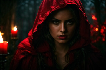 Woman with long hair red lipstick red dress with red hood stands in a dark forest, closeup