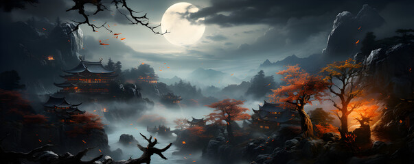 paysage de village chinois traditionnel dans les montagnes et la brume, de nuit, pleine lune - obrazy, fototapety, plakaty