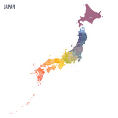 Japan political map of administrative divisions - prefectures, metropilis Tokyo, territory Hokaido and urban prefectures Kyoto and Osaka. Colorful spectrum political map with labels and country name.