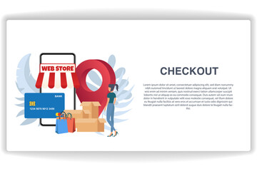 A woman walked towards the store. website page Checkout. Modern flat design concept of web page design for website and mobile website