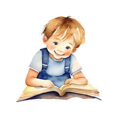 Watercolor illustration of child reading a book, reading kid, clipart for card and print design