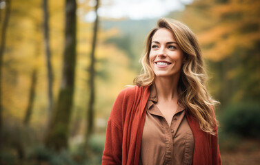 Portrait in the forest of a pleased 30 years old woman. Joyful woman in an  outdoor fall scenery having fun at the autumn season. 