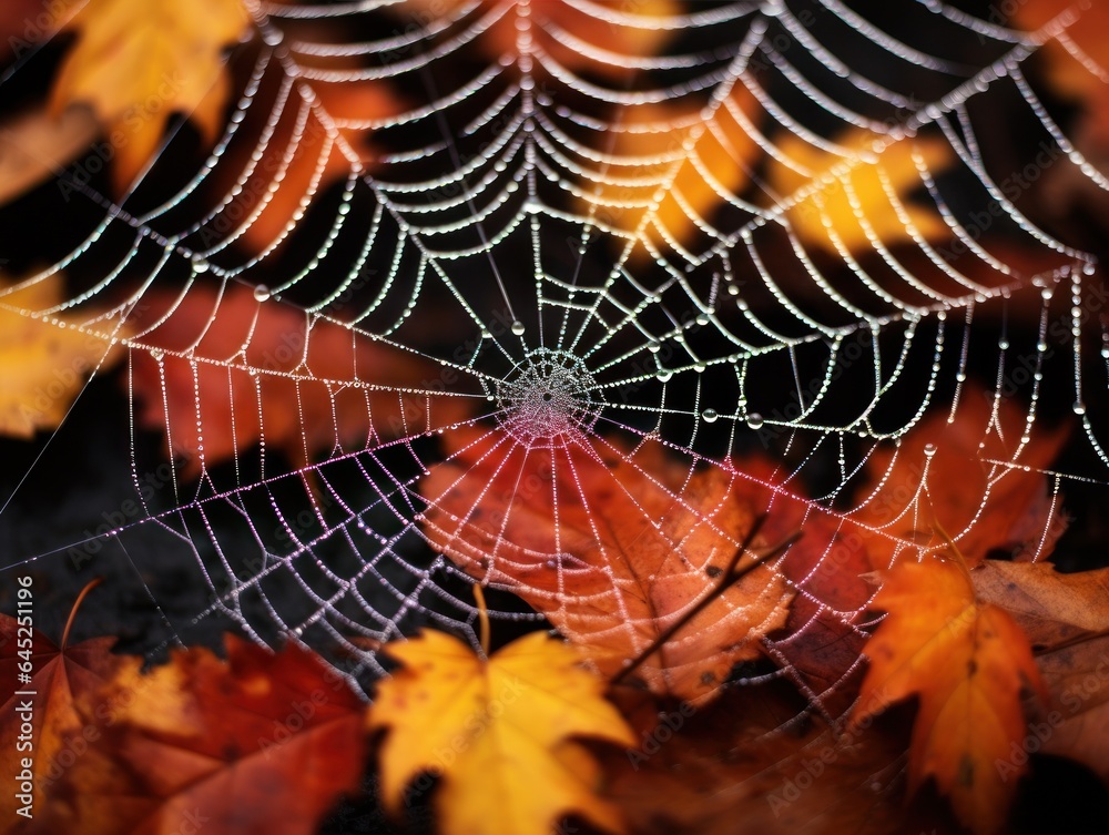 Poster spider net on the background of autumn leaves.