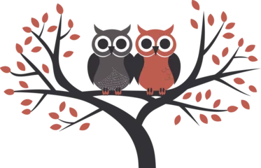 Fotobehang two owls sitting on the tree vector illustration on isolated background, two owls sitting on the tree for sticker and wall art © PixelDreamer