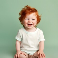 A happy ginger little boy happy and smiling on a blue background