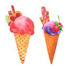 Hand drawn watercolor icecream and popsicle set isolated on white background. Can be used for cards, label, banner and other printed products.