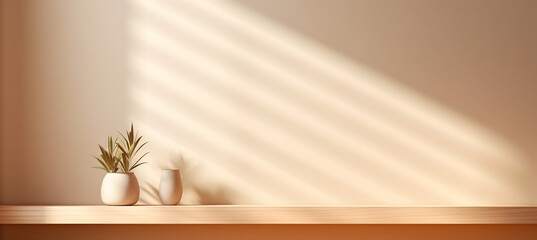 tablette en bois sur un mur beige avec lumière du jour pour présentation de produit