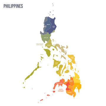Philippines political map of administrative divisions - regions. Colorful spectrum political map with labels and country name.