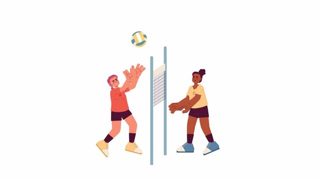 Girls volleyball players spiking 2D characters animation. Female athletes hitting ball over net flat cartoon 4K video, transparent alpha channel. Sports women animated people on white background