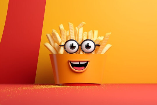 Potato fries with funny face character on orange background. 3d illustration generative ai