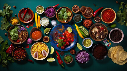 Fototapeta premium Highly Detailed Top-Down View of Vibrantly Colored Mexican Foods