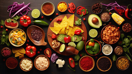 Fototapeta na wymiar Highly Detailed Top-Down View of Vibrantly Colored Mexican Foods