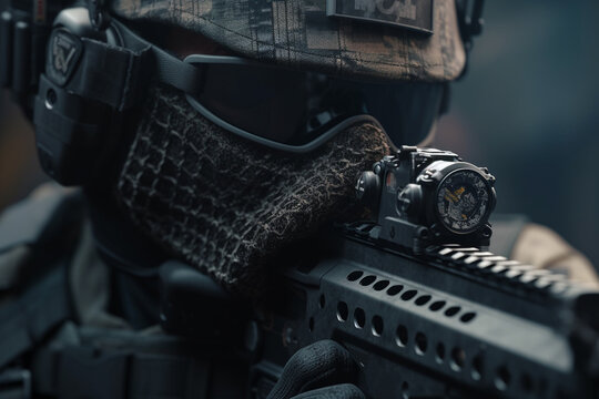 Closeup of assault rifle on dark background. Selective focus. generative ai