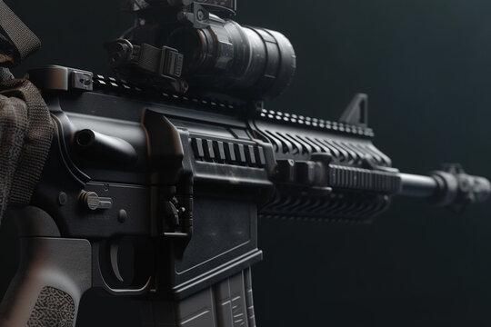 Closeup of assault rifle on dark background. Selective focus. generative ai