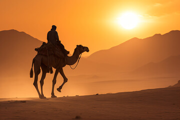 a man riding a camel in the desert