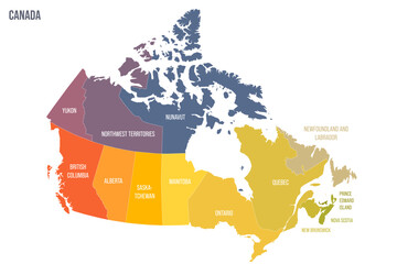 Canada political map of administrative divisions - provinces and territories. Colorful spectrum political map with labels and country name.
