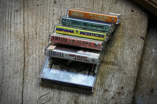 America, Washington State - September 08 2023 : Nirvana cassette tape on wooden floor, Nirvana band, Kurt Cobain, Nirvana songs, In Uthro