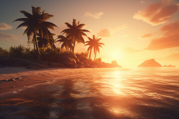 Tropical beach with palm trees at sunrise, Seychelles generative ai