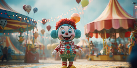 clown at a carnival, circus tent in the background