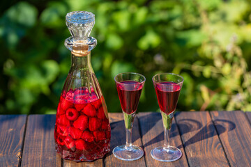 Homemade red raspberry brandy in two glasses and in a glass bottle on a wooden table in a summer garden, closeup