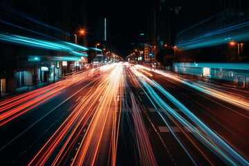 Fototapeta na wymiar Night traffic in the city. Motion blur of cars on the road generative ai