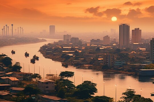 A breathtaking view of Abidjan's cityscape with towering skyscrapers and bustling urban life. Generative AI