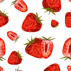 Watercolor pattern with strawberries, sliced strawberries, berries. Pattern with summer berries for wrapping paper, wallpaper, packaging design