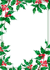 Hand drawn watercolor holly with berries postcard isolated on white background. Can be used for poster, greeting, invitation and other printed products.