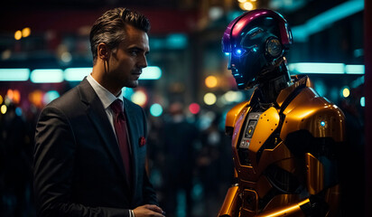 Fototapeta na wymiar A man with suit meets with a human-like robot cyborg