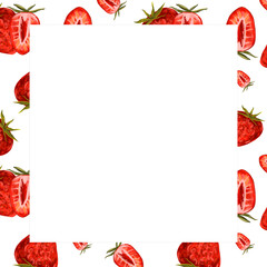 Watercolor berry square frame with strawberries, sliced strawberries, berries. Frame with summer berries for products, packaging design